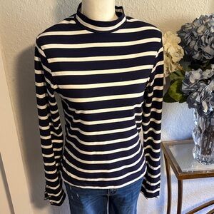Karen Millen navy and cream striped mock neck turtleneck with long sleeves Sz 8